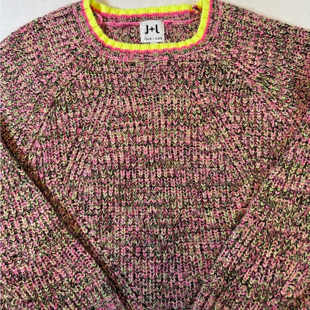 John + Jenn Pink and Green Neon Chunky Knit Cropped Sweater - Picture 2 of 8